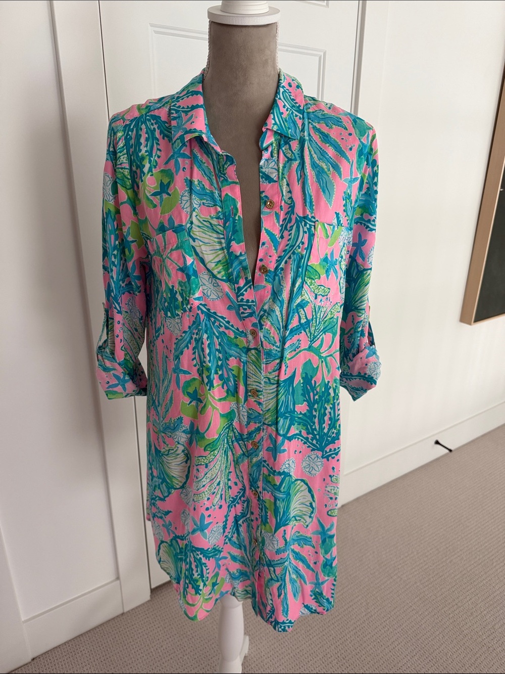 Lilly Pulitzer Pink & Teal Tropical-Print Button Tunic